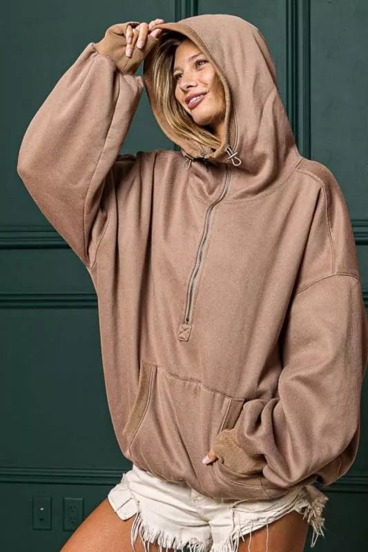 BiBi Stitch Detailed Elastic Hem Half Zip Fleece Hoodie - Hot Hits