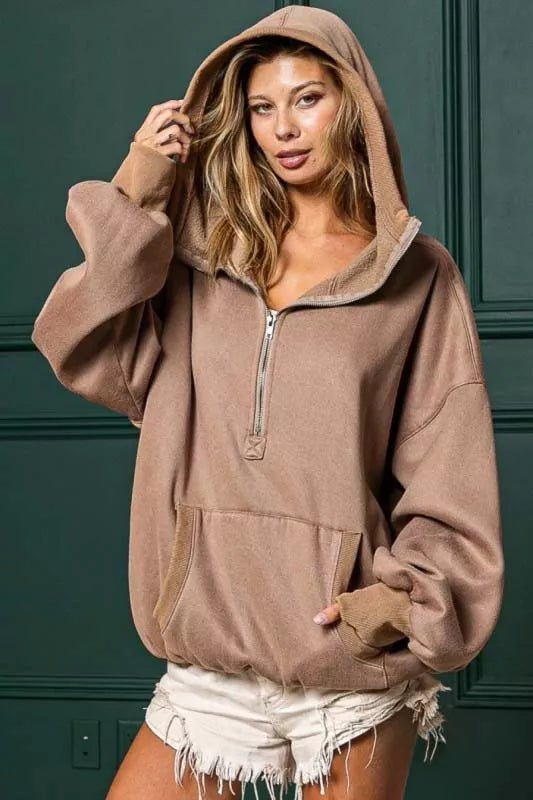 BiBi Stitch Detailed Elastic Hem Half Zip Fleece Hoodie - Hot Hits