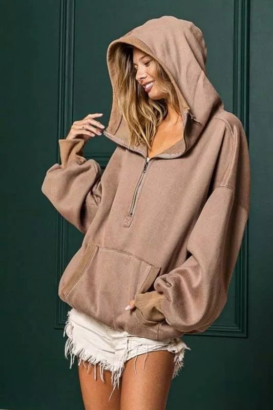 BiBi Stitch Detailed Elastic Hem Half Zip Fleece Hoodie - Hot Hits