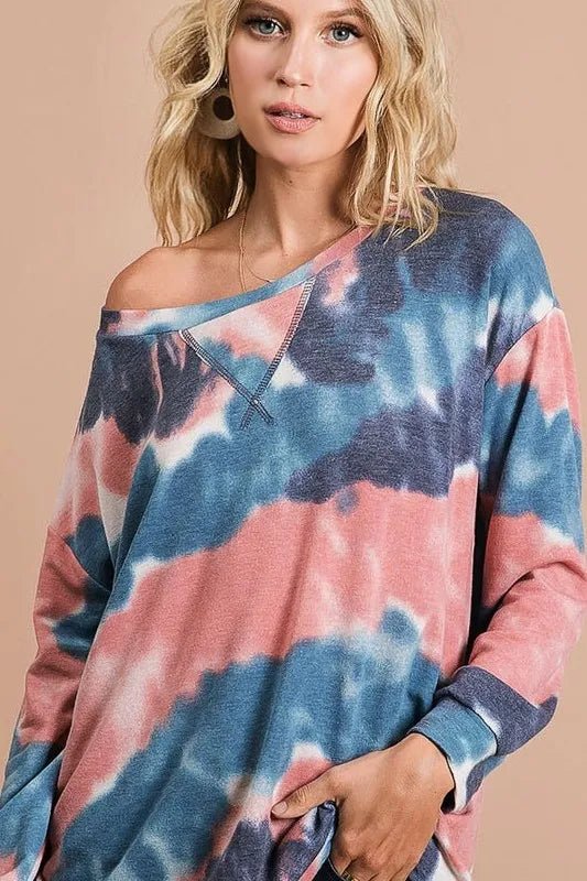 BiBi Tie Dye French Terry Pull Over with Front Stitching Detail - Hot Hits
