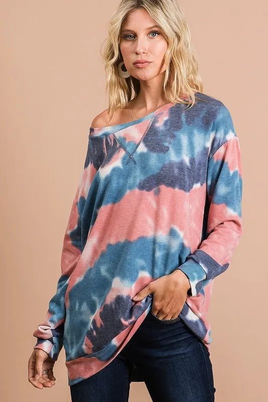 BiBi Tie Dye French Terry Pull Over with Front Stitching Detail - Hot Hits