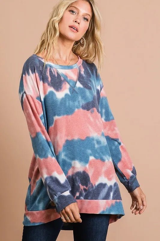 BiBi Tie Dye French Terry Pull Over with Front Stitching Detail - Hot Hits