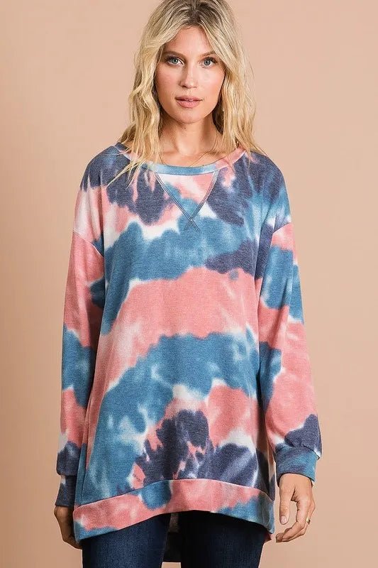 BiBi Tie Dye French Terry Pull Over with Front Stitching Detail - Hot Hits