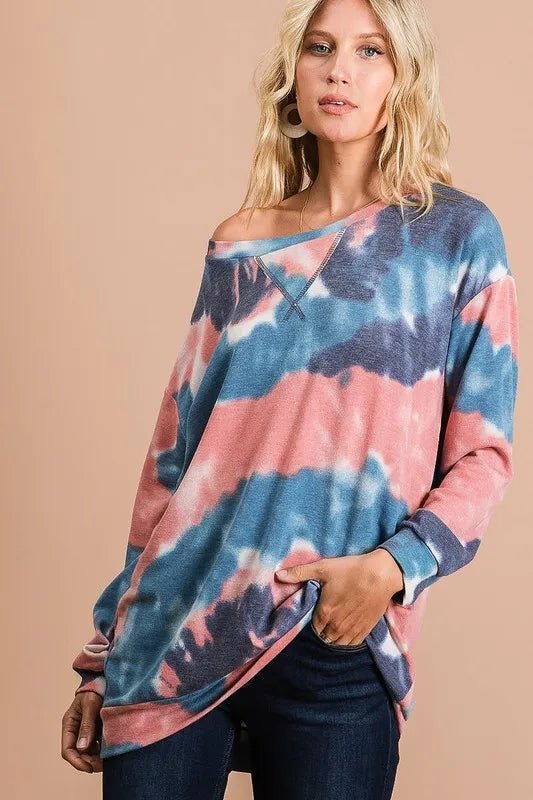 BiBi Tie Dye French Terry Pull Over with Front Stitching Detail - Hot Hits
