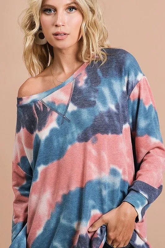 BiBi Tie Dye French Terry Pull Over with Front Stitching Detail - Hot Hits
