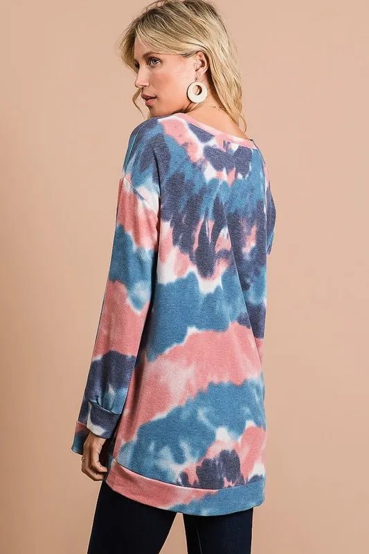 BiBi Tie Dye French Terry Pull Over with Front Stitching Detail - Hot Hits
