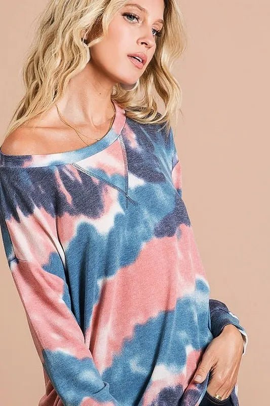 BiBi Tie Dye French Terry Pull Over with Front Stitching Detail - Hot Hits