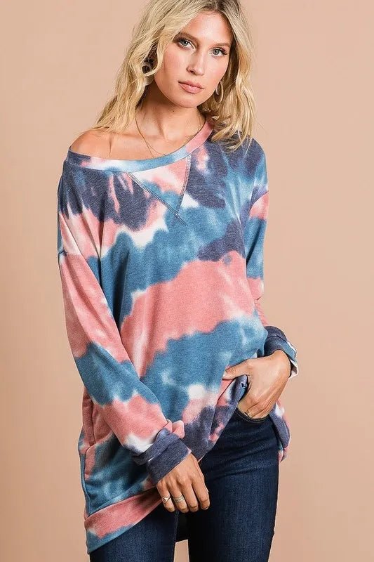 BiBi Tie Dye French Terry Pull Over with Front Stitching Detail - Hot Hits