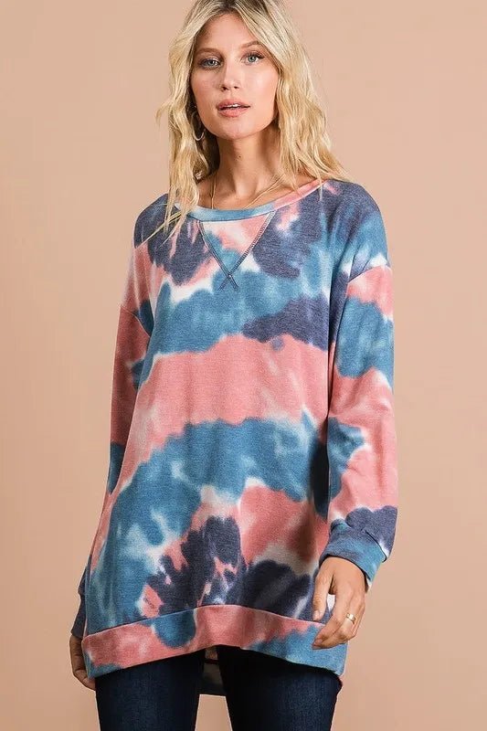 BiBi Tie Dye French Terry Pull Over with Front Stitching Detail - Hot Hits