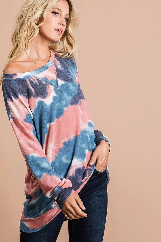 BiBi Tie Dye French Terry Pull Over with Front Stitching Detail - Hot Hits