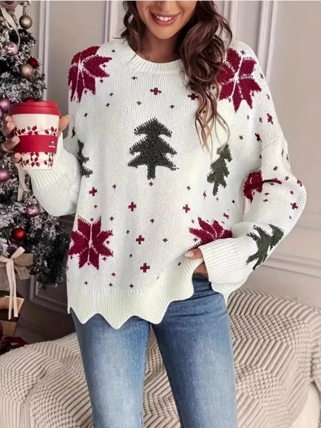 Christmas Tree Pattern Round Neck Sweater - Hot Hits