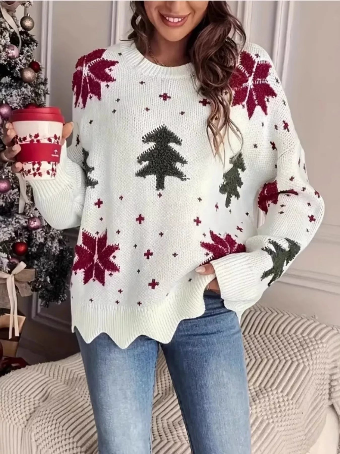 Christmas Tree Pattern Round Neck Sweater - Hot Hits