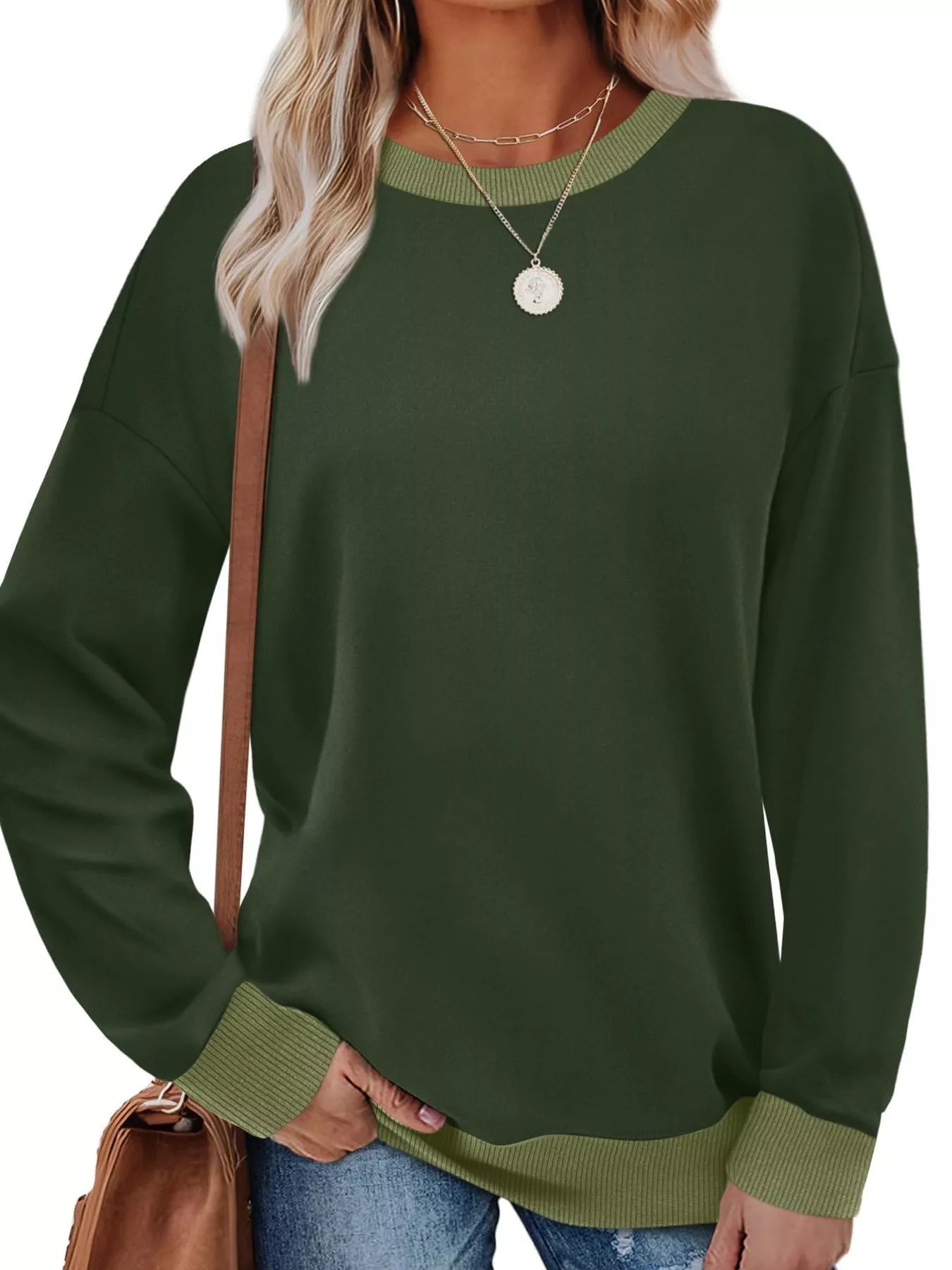 Contrast Trim Crew Neck Casual Sweatshirt - Hot Hits