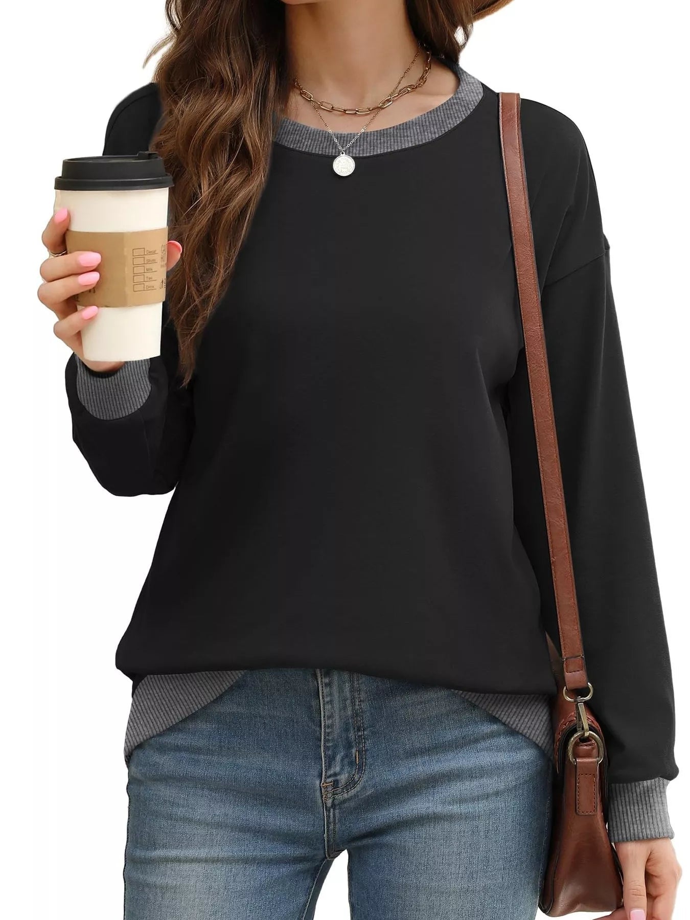 Contrast Trim Crew Neck Casual Sweatshirt - Hot Hits