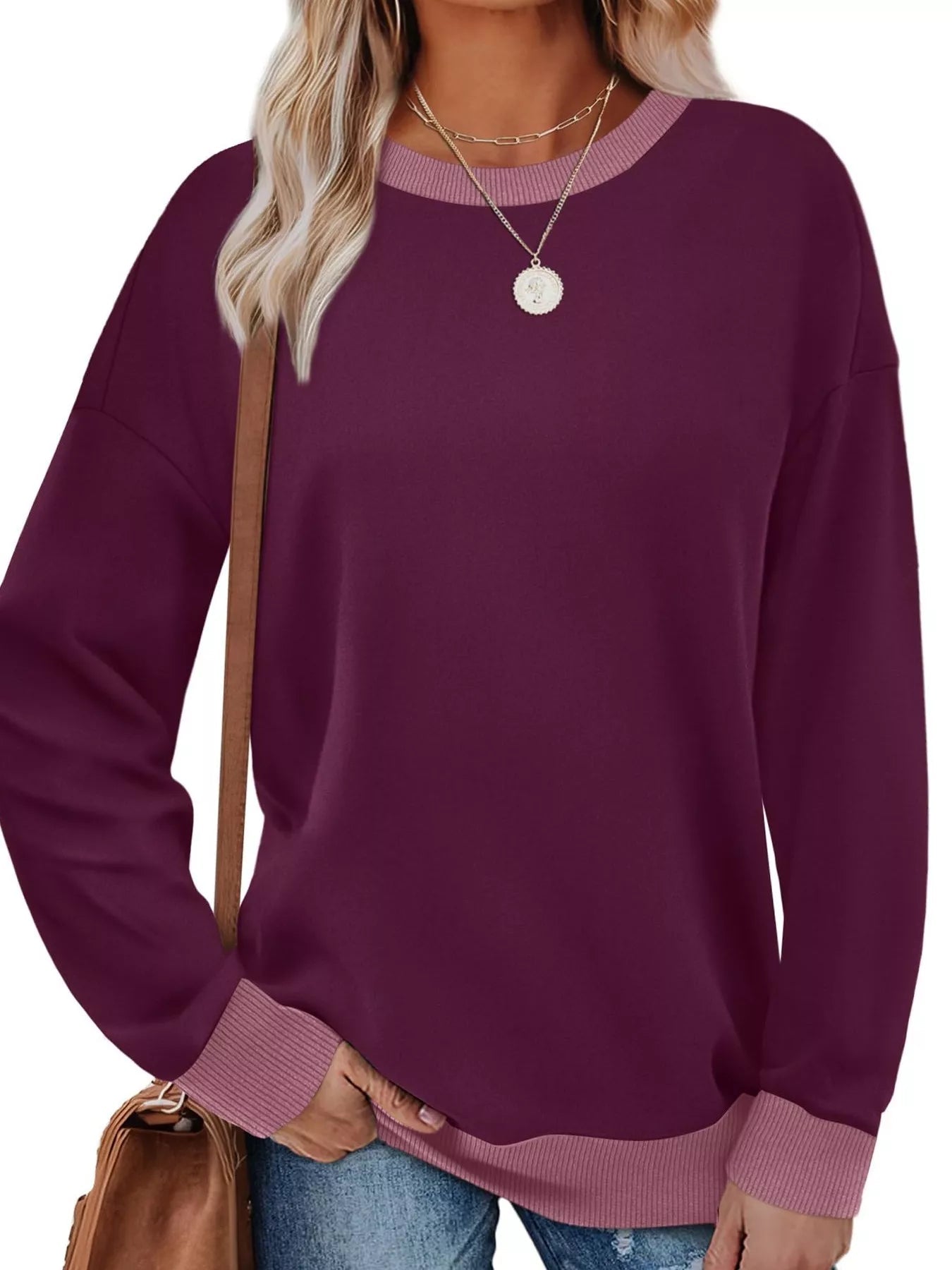 Contrast Trim Crew Neck Casual Sweatshirt - Hot Hits