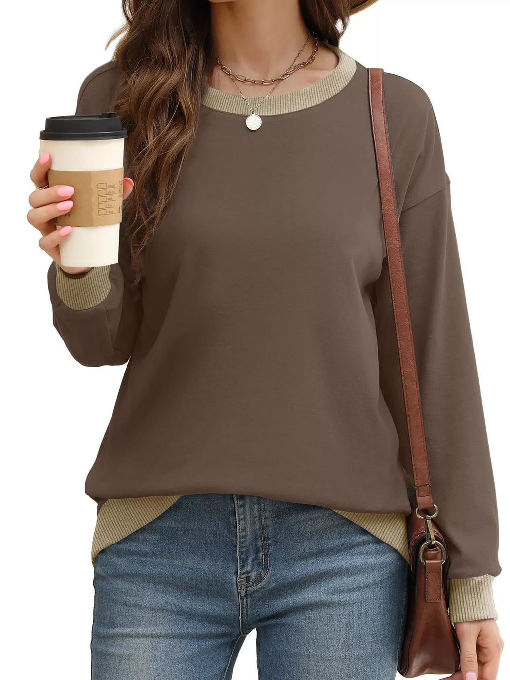 Contrast Trim Crew Neck Casual Sweatshirt - Hot Hits