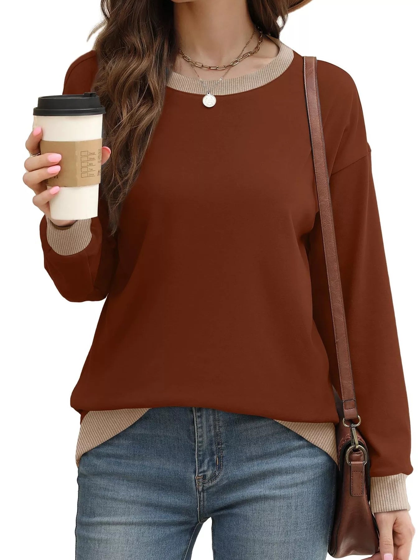 Contrast Trim Crew Neck Casual Sweatshirt - Hot Hits