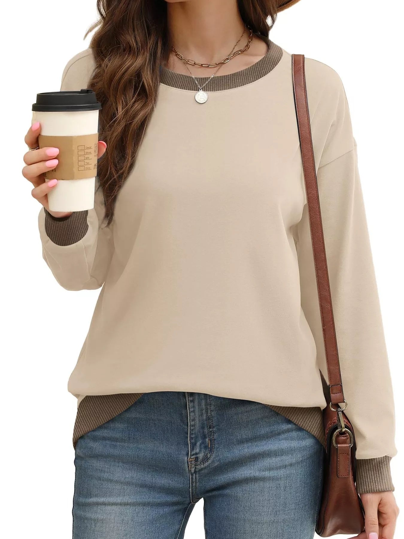 Contrast Trim Crew Neck Casual Sweatshirt - Hot Hits