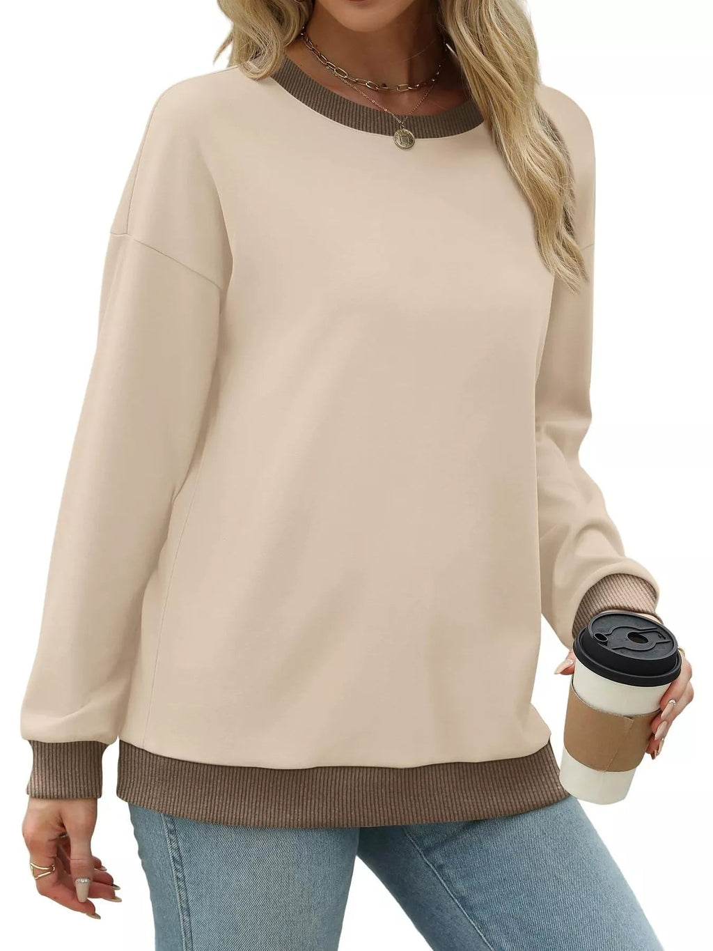Contrast Trim Crew Neck Casual Sweatshirt - Hot Hits