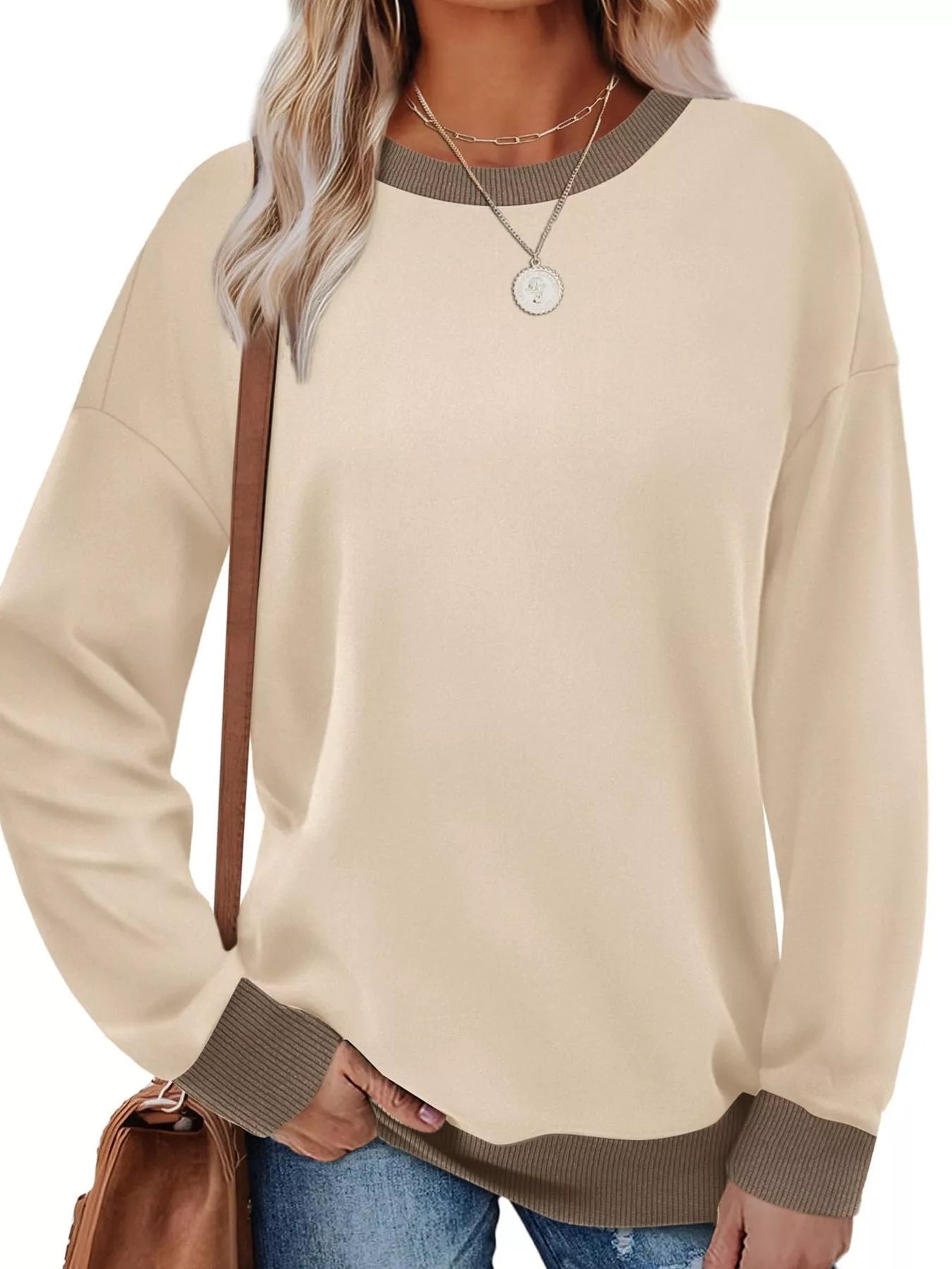 Contrast Trim Crew Neck Casual Sweatshirt - Hot Hits