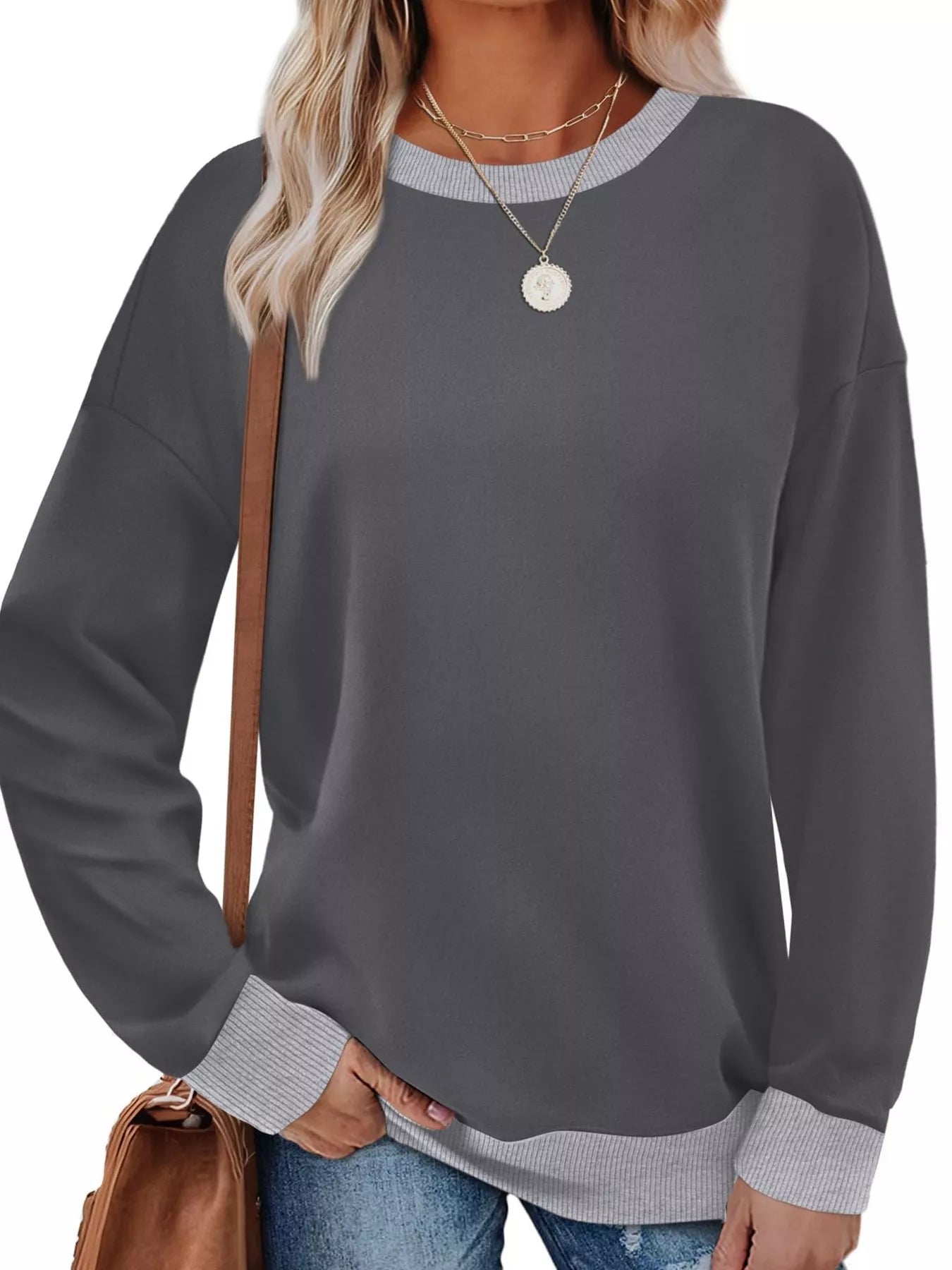 Contrast Trim Crew Neck Casual Sweatshirt - Hot Hits