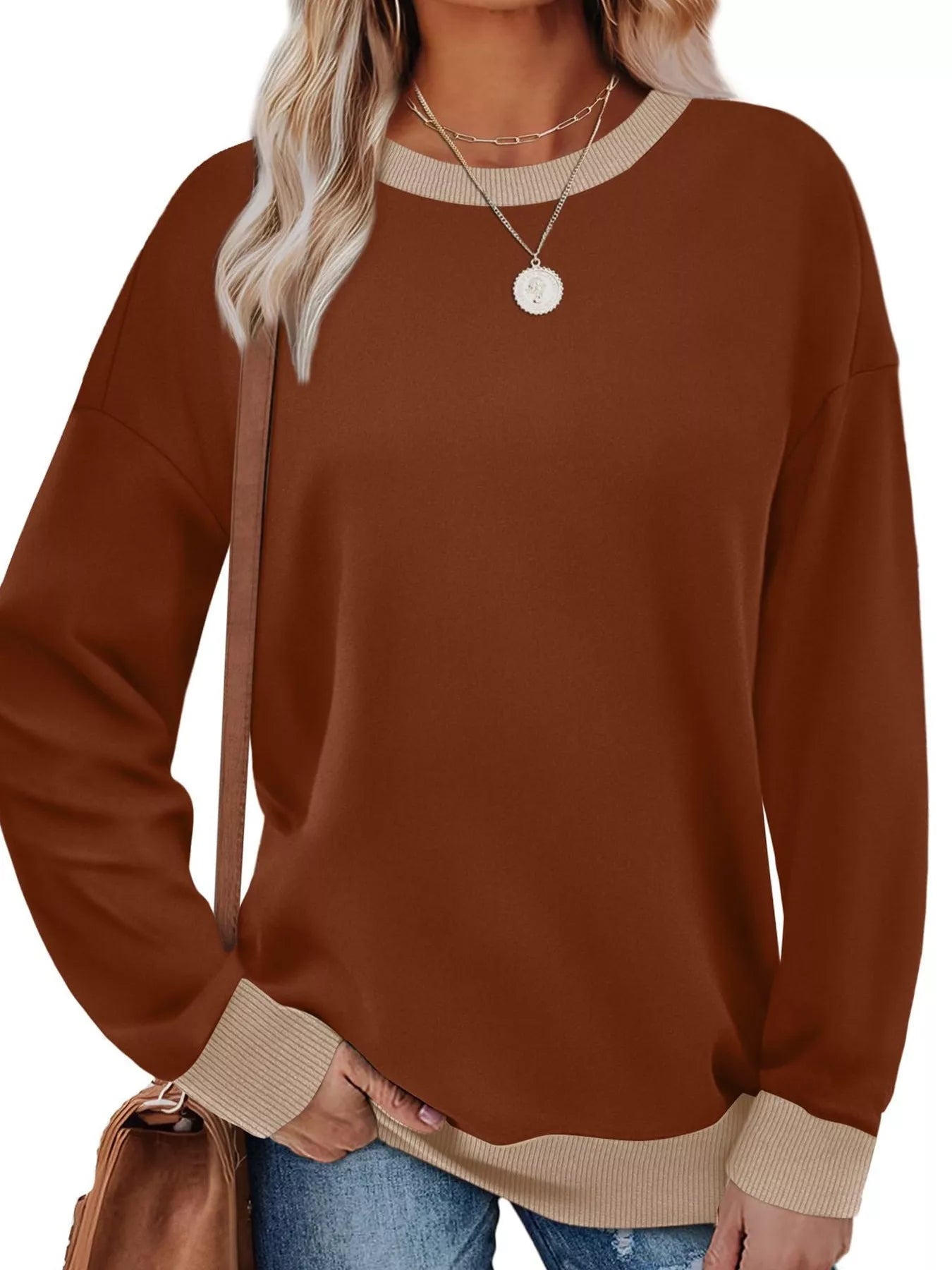 Contrast Trim Crew Neck Casual Sweatshirt - Hot Hits