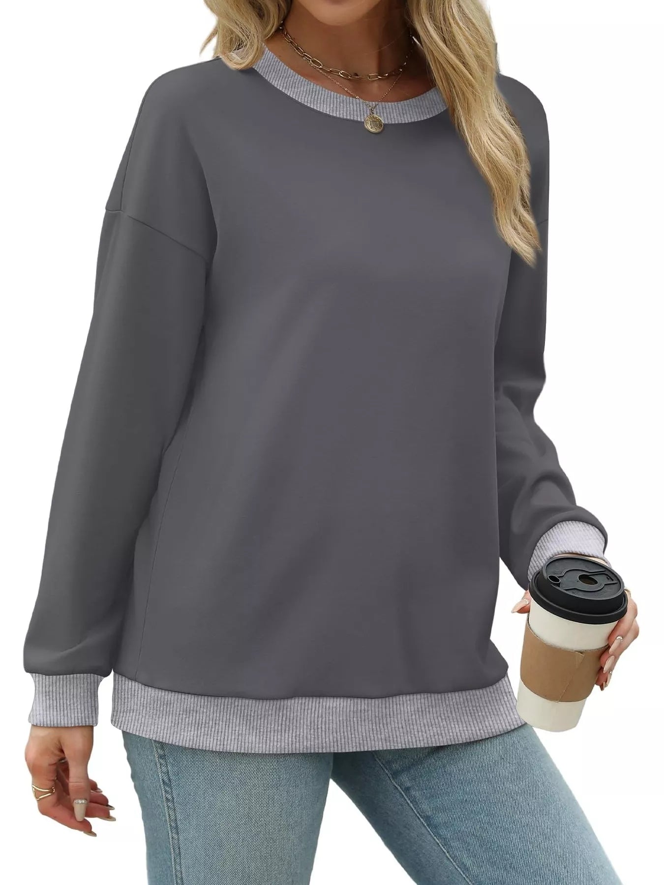 Contrast Trim Crew Neck Casual Sweatshirt - Hot Hits
