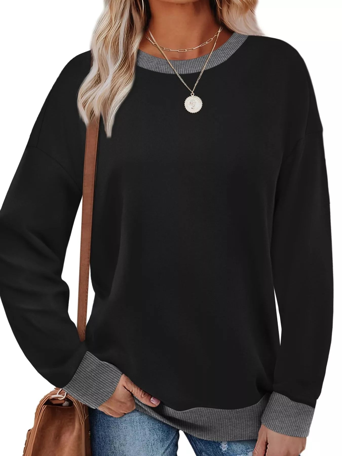 Contrast Trim Crew Neck Casual Sweatshirt - Hot Hits