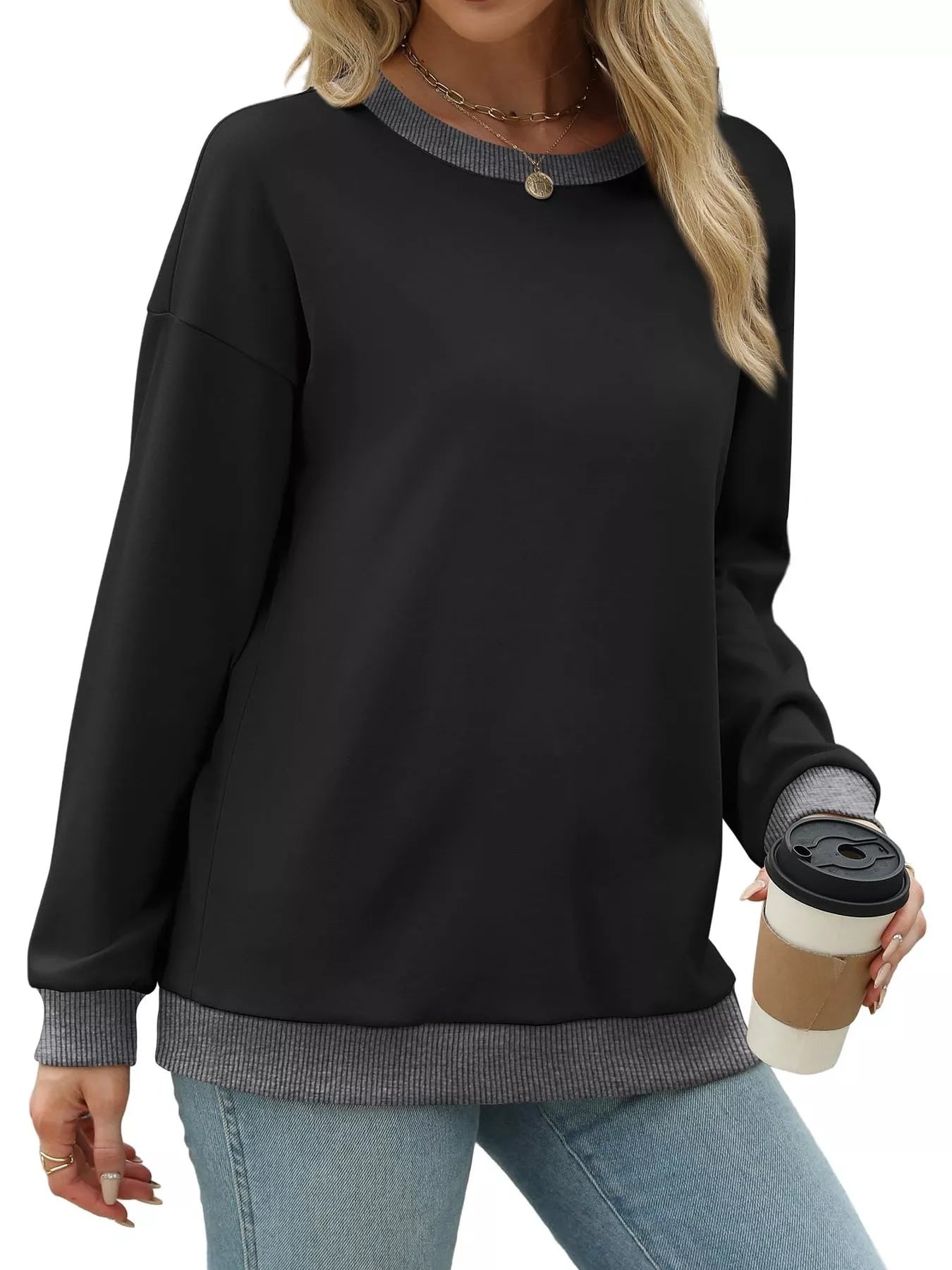 Contrast Trim Crew Neck Casual Sweatshirt - Hot Hits