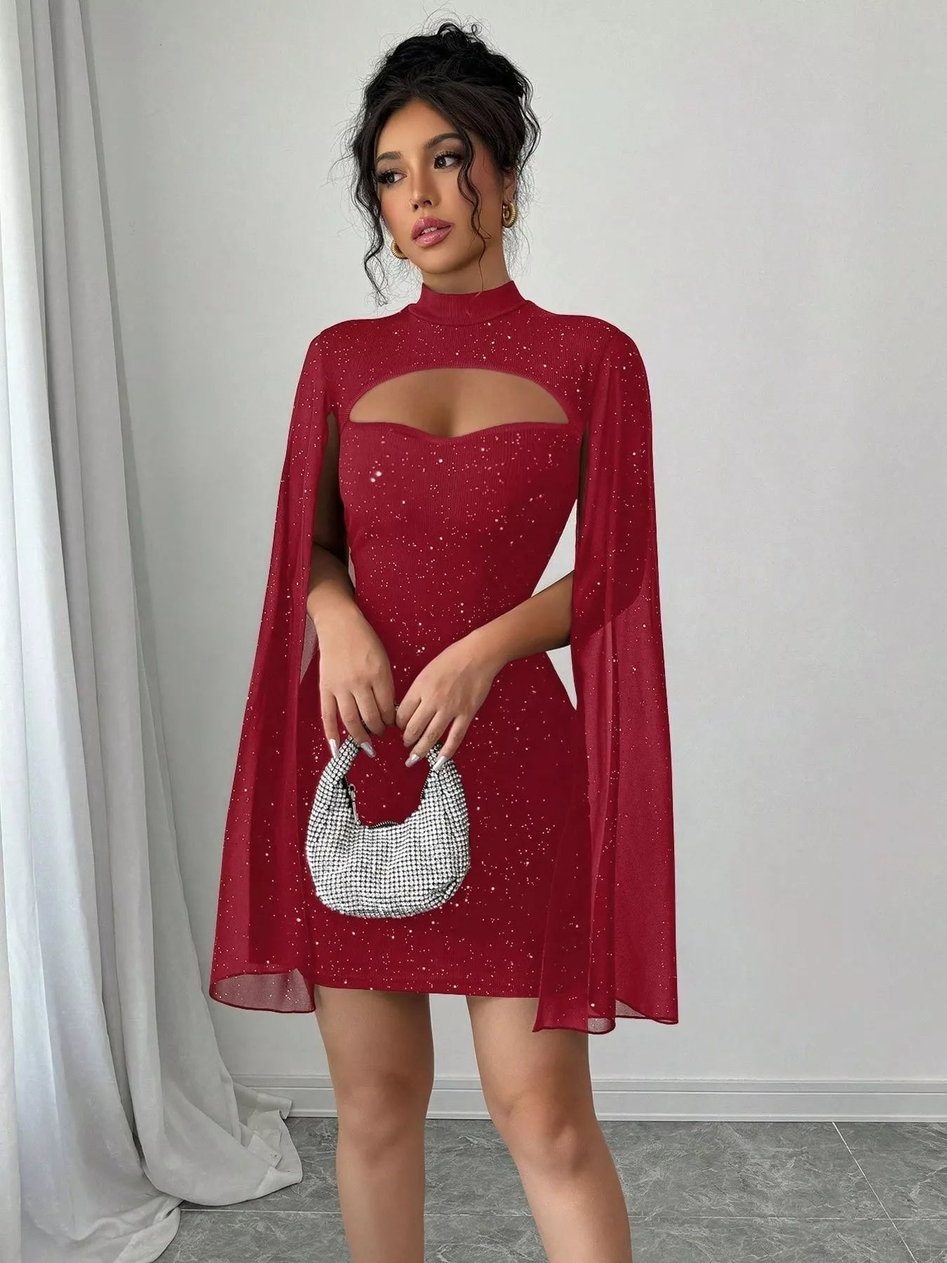 Cutout Bodycon Mini Dress with Cape Sleeves - Hot Hits