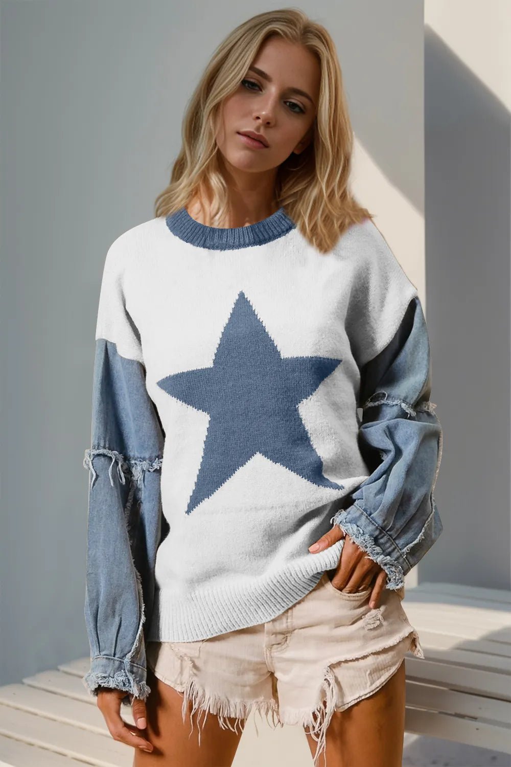 Double Take Full Size Star Pattern Raw Edge Long Sleeve Sweater - Hot Hits