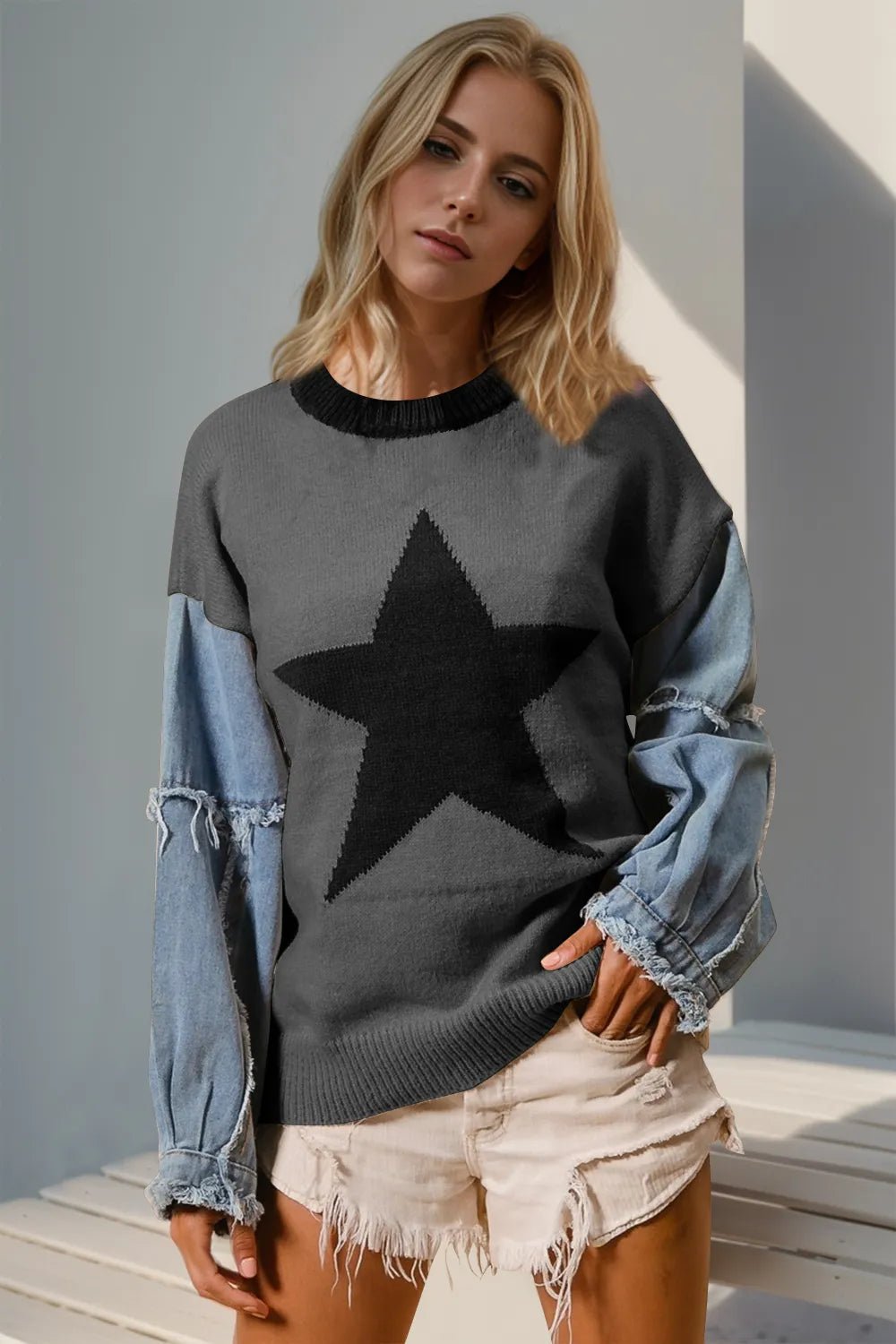 Double Take Full Size Star Pattern Raw Edge Long Sleeve Sweater - Hot Hits