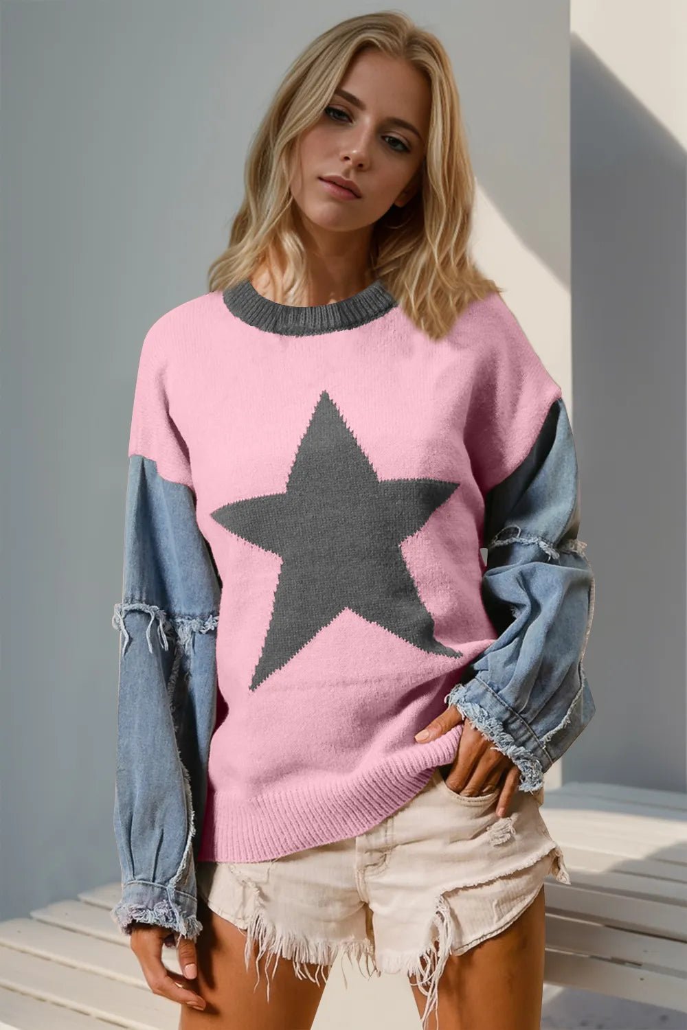 Double Take Full Size Star Pattern Raw Edge Long Sleeve Sweater - Hot Hits