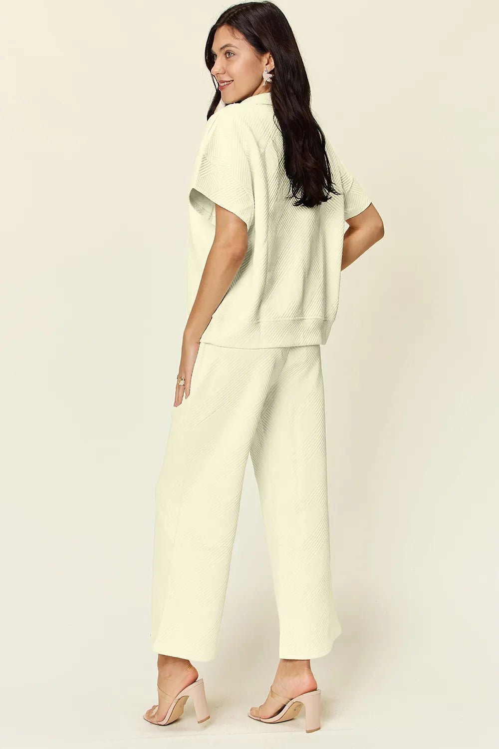 Double Take Full Size Texture Half Zip Short Sleeve Top and Pants Set - Hot Hits