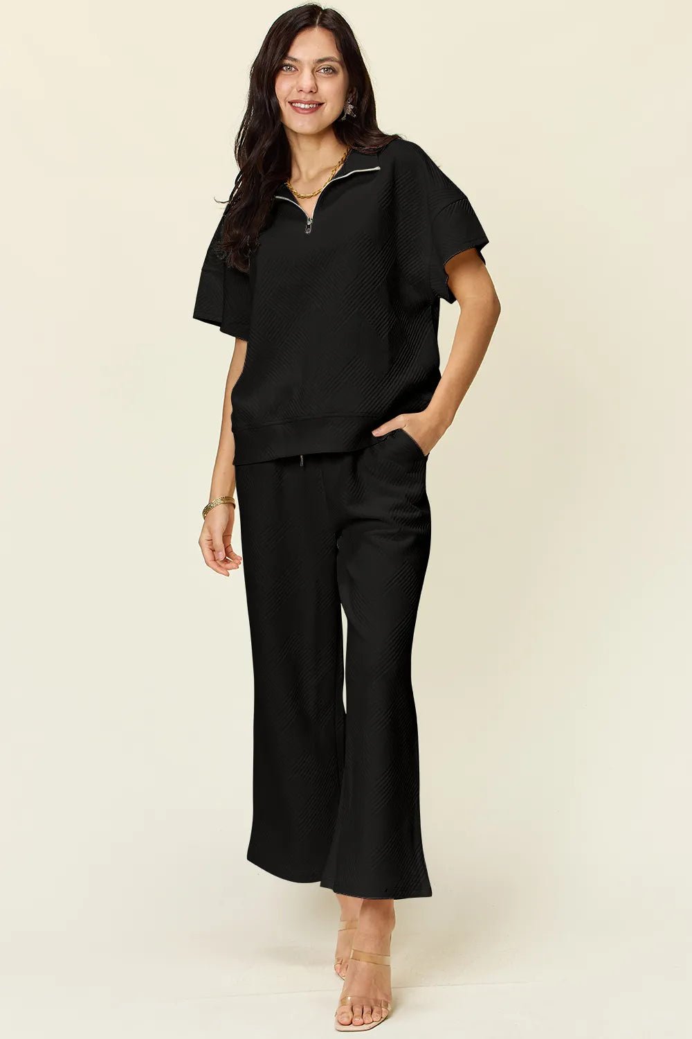 Double Take Full Size Texture Half Zip Short Sleeve Top and Pants Set - Hot Hits