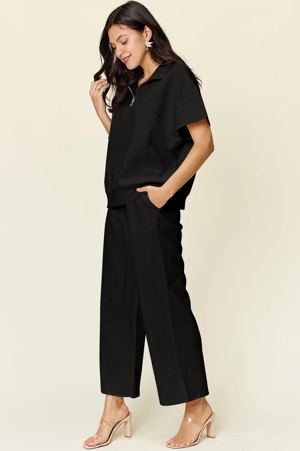 Double Take Full Size Texture Half Zip Short Sleeve Top and Pants Set - Hot Hits