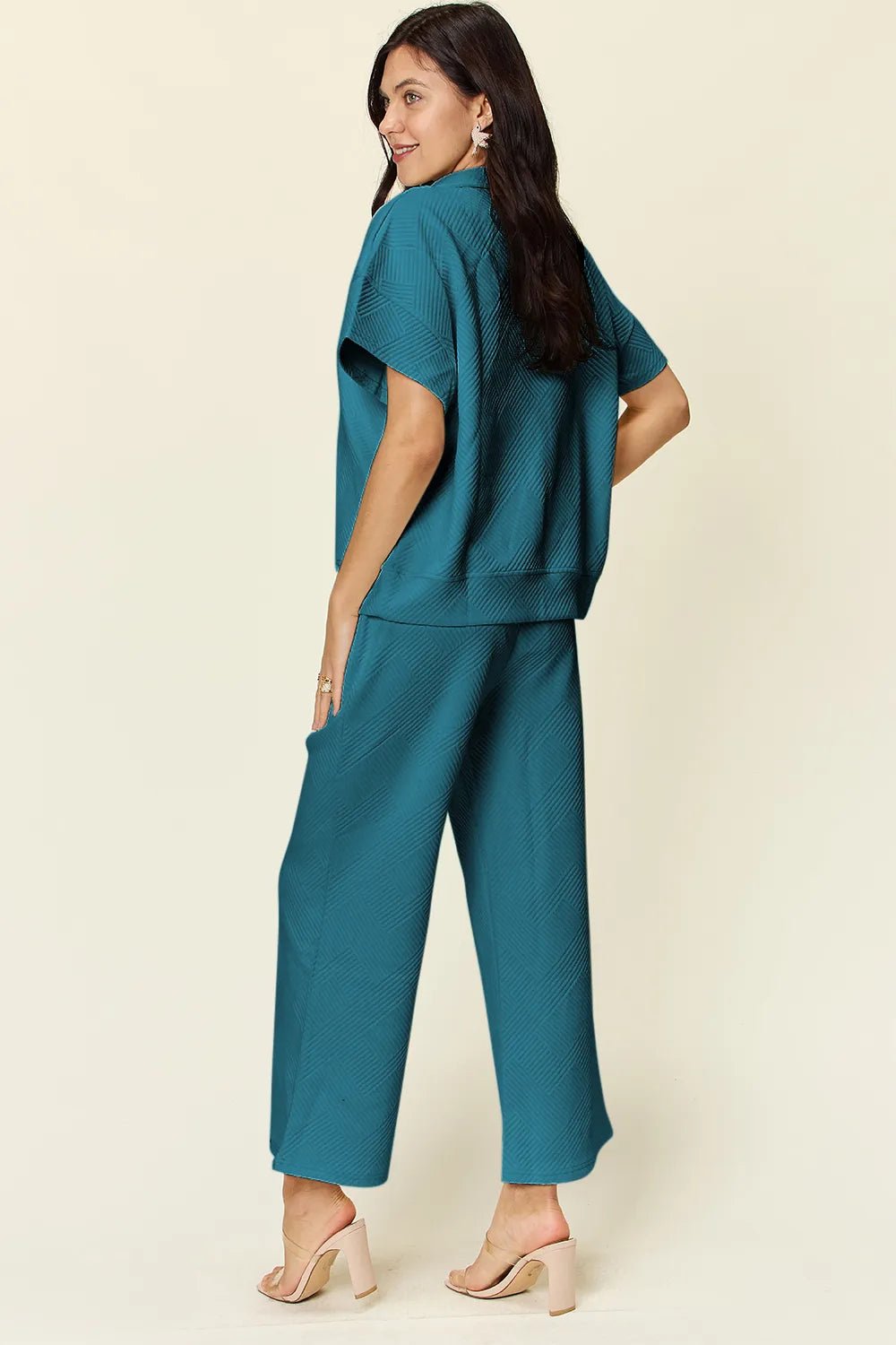 Double Take Full Size Texture Half Zip Short Sleeve Top and Pants Set - Hot Hits