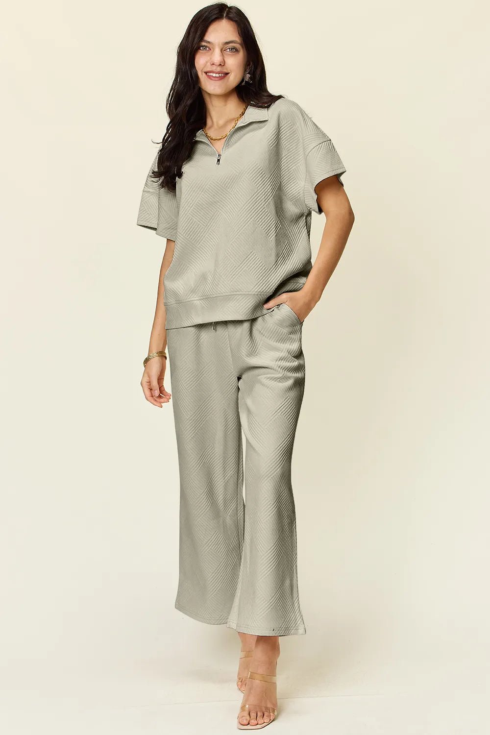 Double Take Full Size Texture Half Zip Short Sleeve Top and Pants Set - Hot Hits