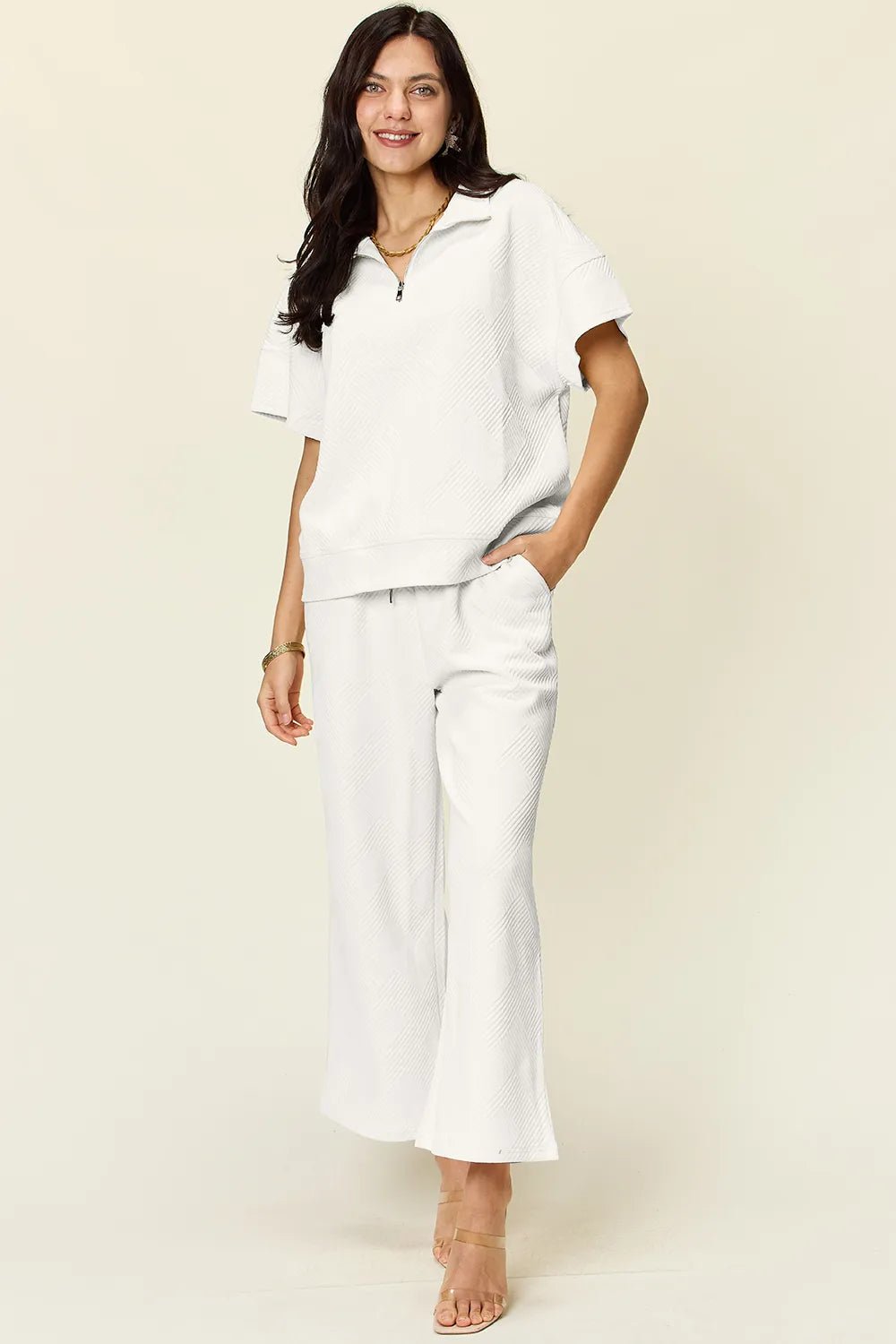 Double Take Full Size Texture Half Zip Short Sleeve Top and Pants Set - Hot Hits