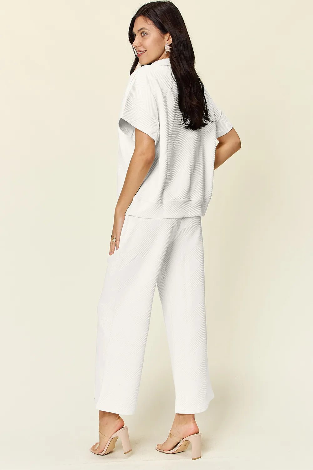Double Take Full Size Texture Half Zip Short Sleeve Top and Pants Set - Hot Hits