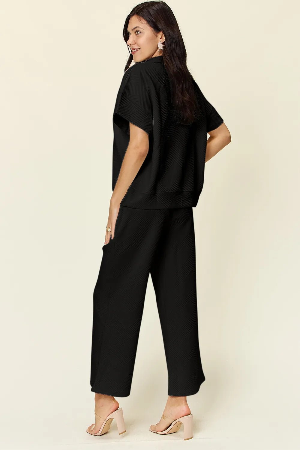 Double Take Full Size Texture Half Zip Short Sleeve Top and Pants Set - Hot Hits