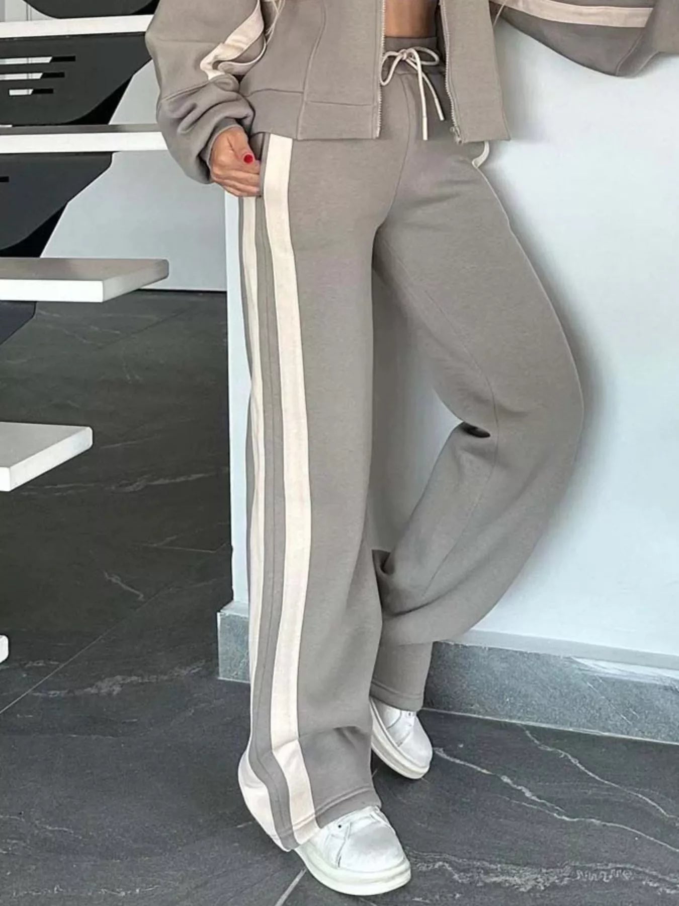 Full Size Contrast Stripe Zip Up Jacket and Pants Set Plus Size - Hot Hits