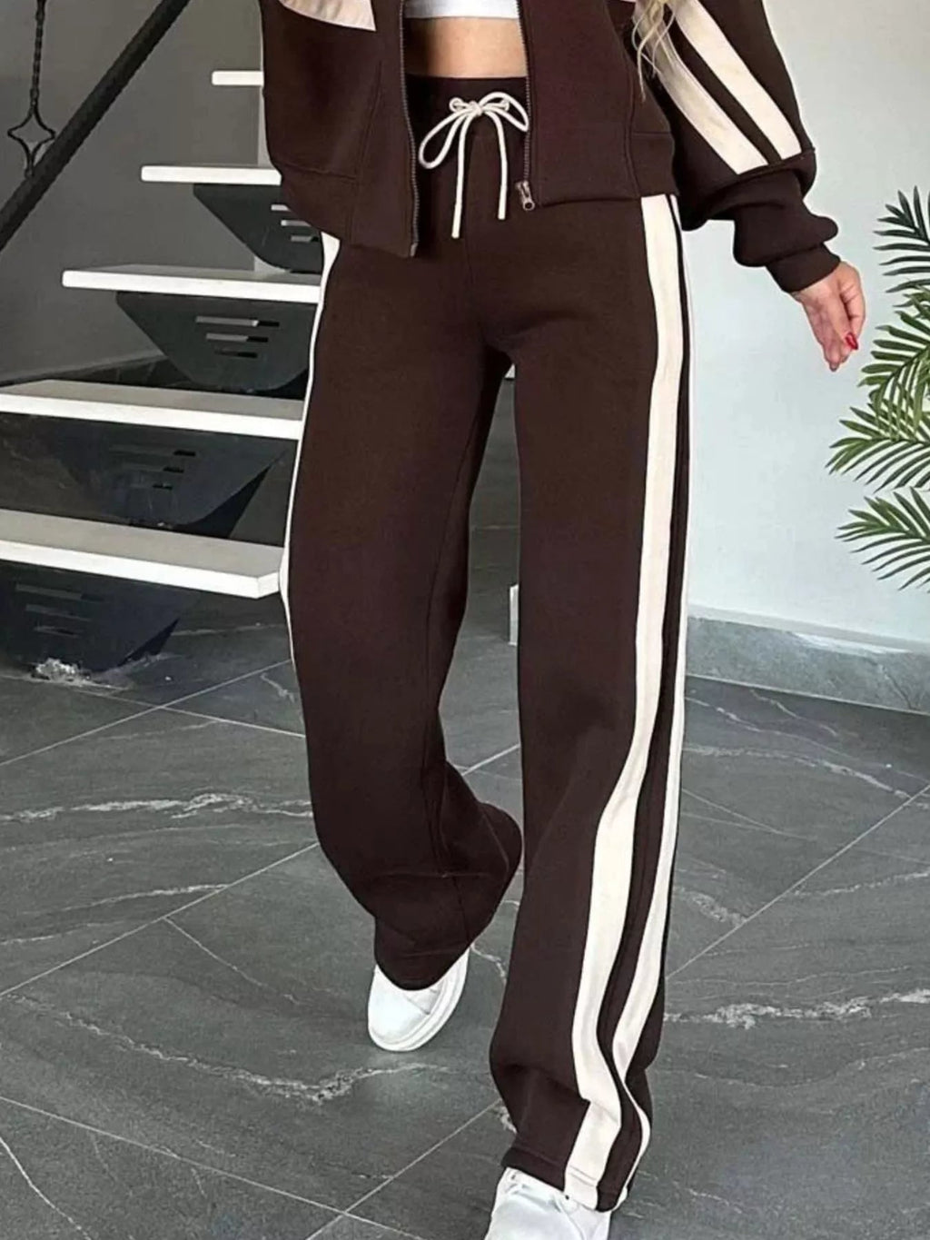 Full Size Contrast Stripe Zip Up Jacket and Pants Set Plus Size - Hot Hits