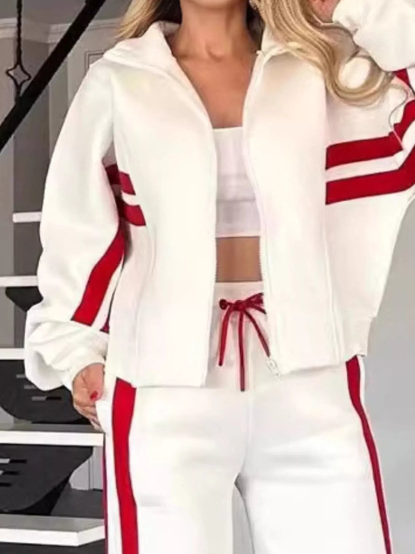 Full Size Contrast Stripe Zip Up Jacket and Pants Set Plus Size - Hot Hits
