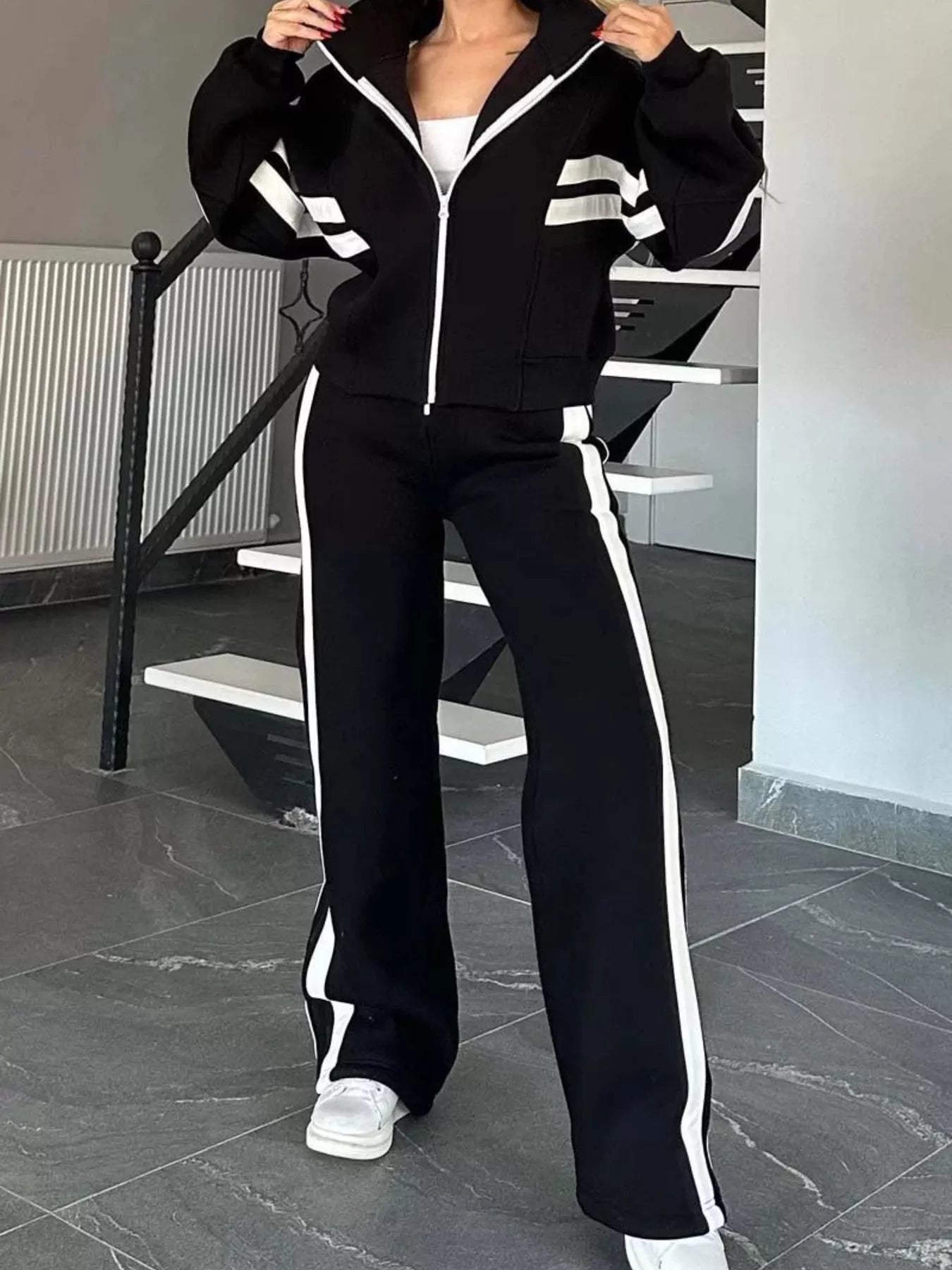 Full Size Contrast Stripe Zip Up Jacket and Pants Set Plus Size - Hot Hits