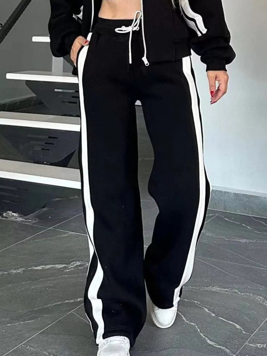 Full Size Contrast Stripe Zip Up Jacket and Pants Set Plus Size - Hot Hits