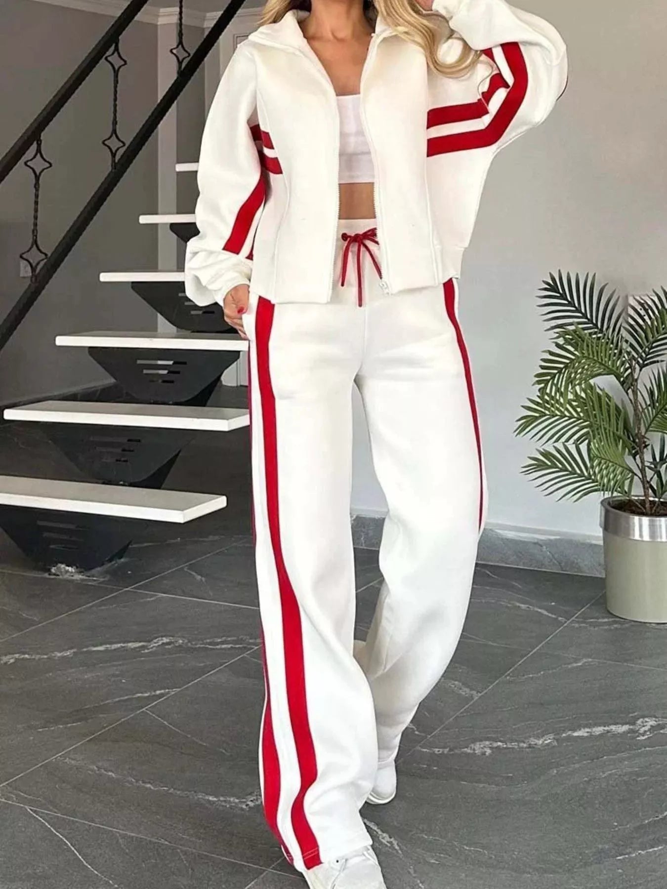 Full Size Contrast Stripe Zip Up Jacket and Pants Set Plus Size - Hot Hits