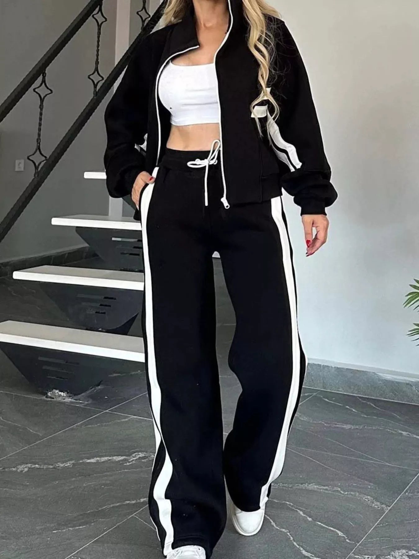 Full Size Contrast Stripe Zip Up Jacket and Pants Set Plus Size - Hot Hits