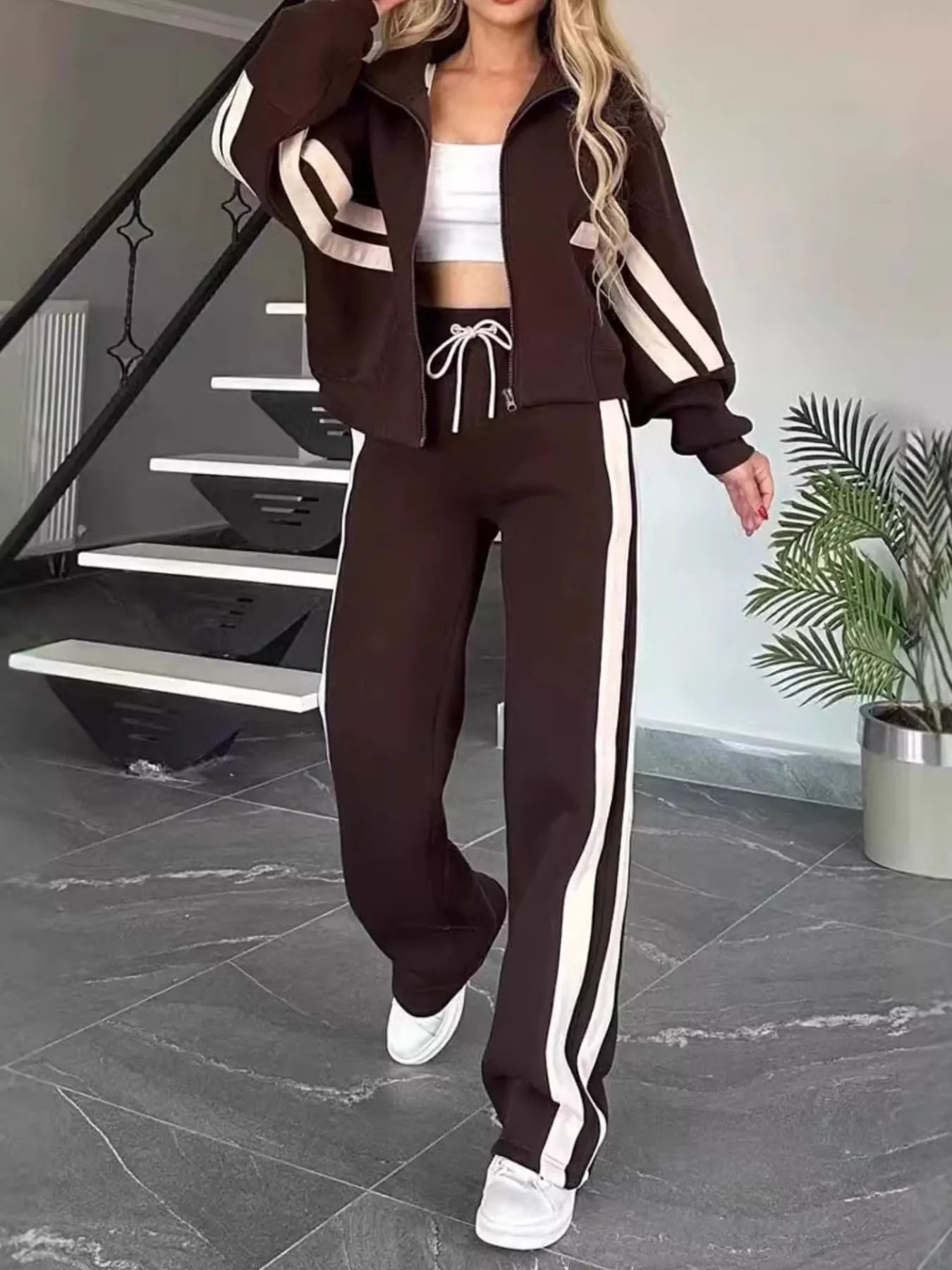 Full Size Contrast Stripe Zip Up Jacket and Pants Set Plus Size - Hot Hits