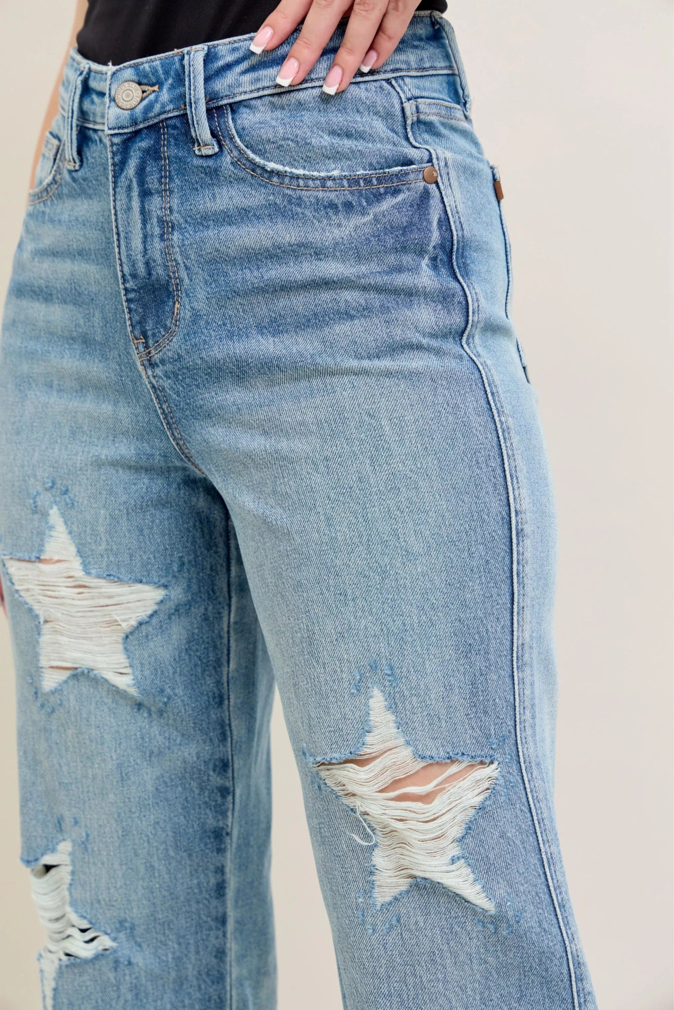 Judy Blue Full Size High Waist Rigid Magic Star Shaped Destroy 90's Straight Jeans Plus Size - Hot Hits